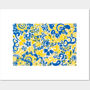 Ukrainian flag colors and transparent folklore pattern Posters and Art